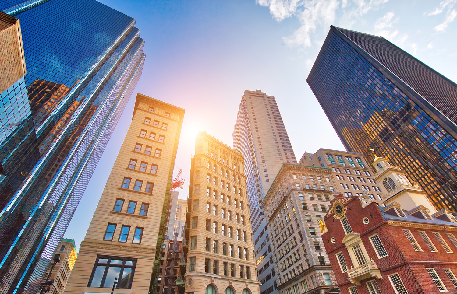 Boston downtown streets near Old State House at sunset