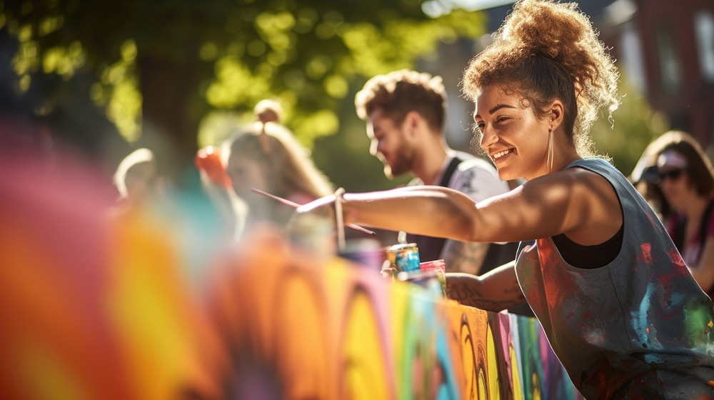 Closeup of a group of volunteers using stencils and spray paint to create a vibrant street art mural, beautifying and unifying a local community.