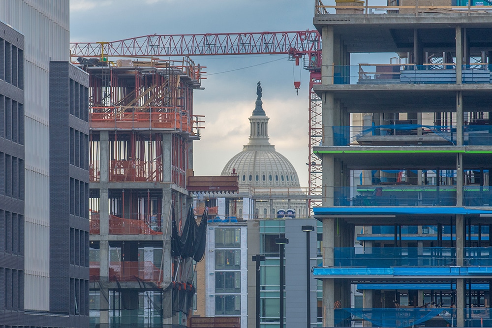 View of the U.S. Capitol from section 312 of Nationals Park. New construction around the stadium is obstructing all but a narrow view of the dome.