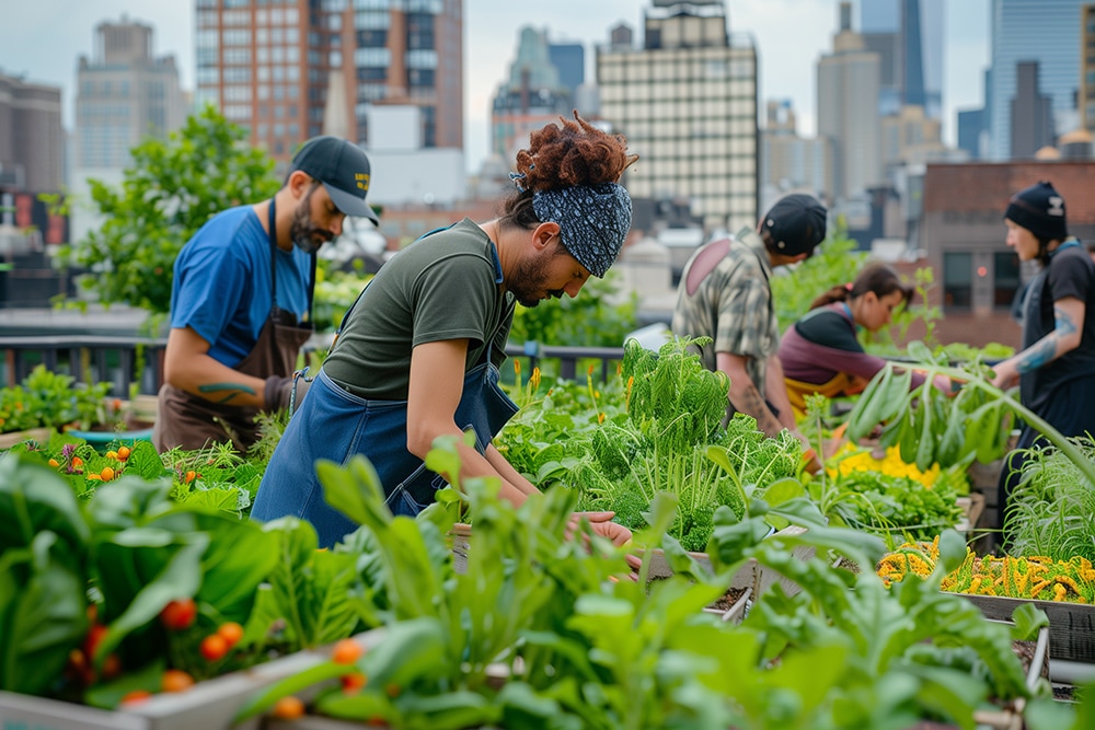 Urban residents tending to rooftop and community gardens in a gr