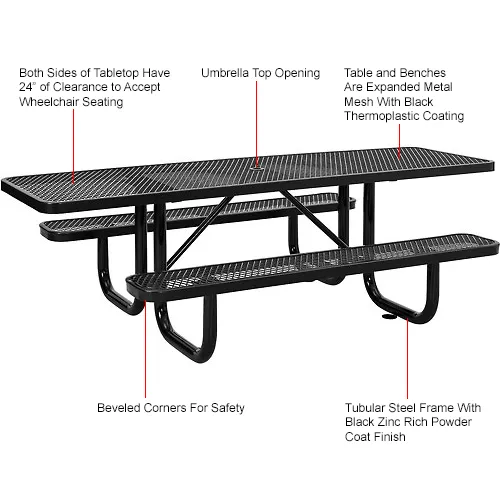 Diagram of accessible picnic table: Both Sides of Tabletop Have 24" of Clearance to Accept Wheelchair Seating; Umbrella Top Opening; Table and Benches Are Expanded Metal Mesh With Black Thermoplastic Coating; Beveled Corners For Safety; Tubular Steel Frame With Black Zinc Rich Powder Coat Finish