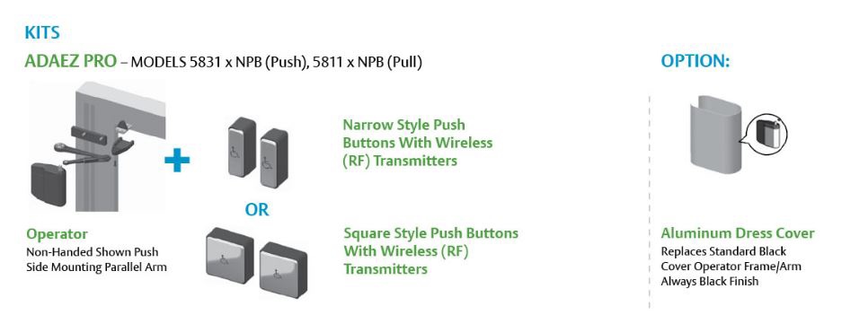 Illustration of Adaez Pro Kit - Models 5831 x NPB (Push), 5811 x NPB (Pull). Operator - Non-Handed Shown Push Side Mounting Parallel Arm. Narrow Style Push Buttons With Wireless (RF) Transmitters, or, Square Style Push Buttons With Wireless (RF) Transmitters.