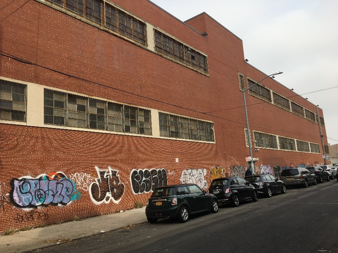 Exterior of the warehouse at 105 Evergreen Avenue in Bushwick, Brooklyn, prior to renovation