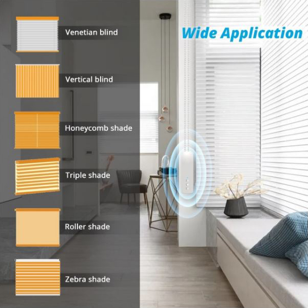 Zemismart Roller Shade Driver installed in a home with list of applications: Venetian blind, vertical blind, honeycomb shade, triple shade, roller shade, zebra shade